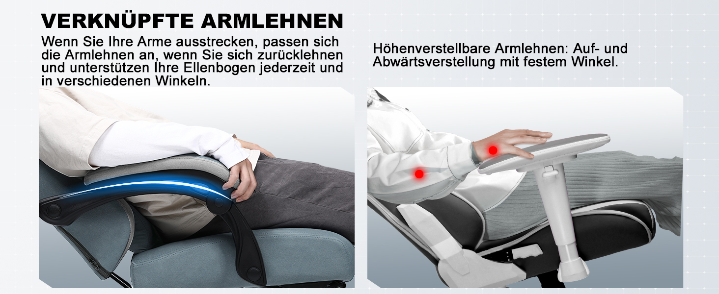 Verstellbarer Sessel mit verbundenen Armlehnen. Zwei Paneele zeigen die Armpositionen: nach vorne gestreckt und vertikal angehoben. Text auf Deutsch beschreibt die Armflexibilität.