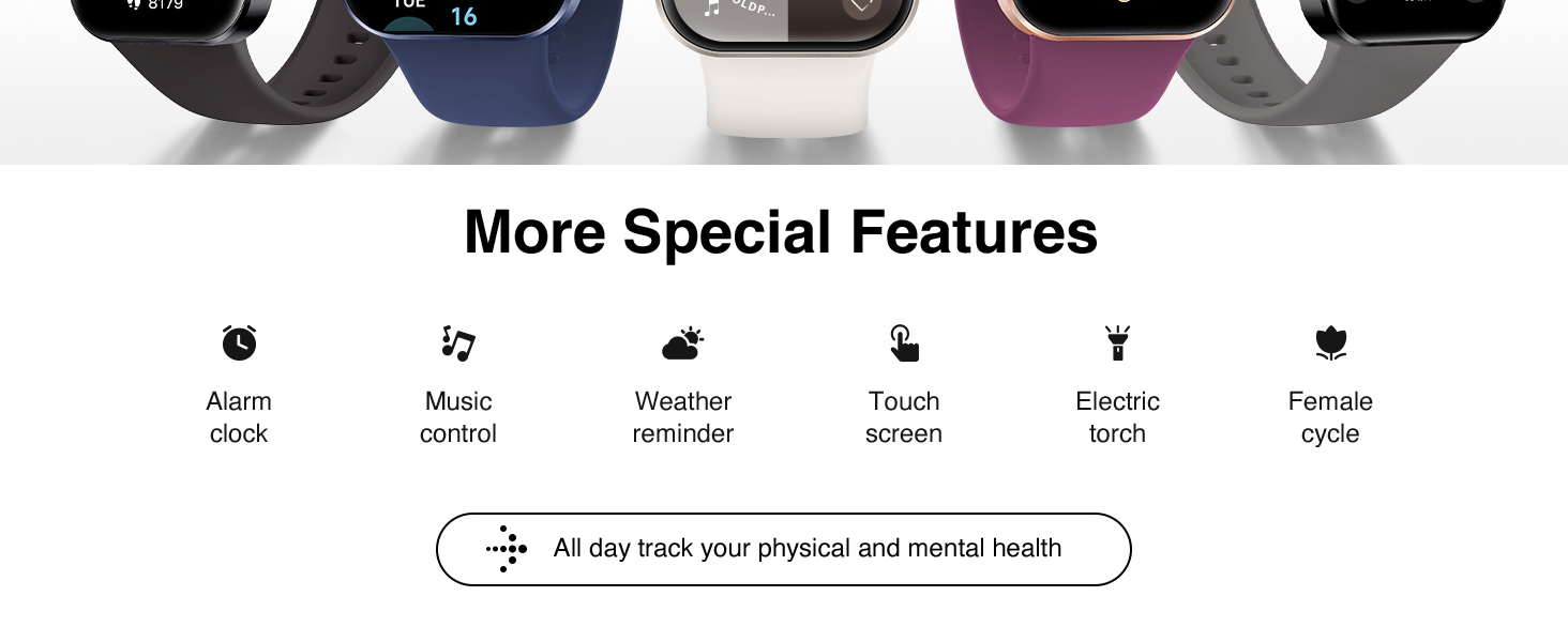 Text reads 'More Special Features' followed by row of icons with labels for different modes including 'Alert mode', 'Music control', 'Weather forecast', 'Room temp', 'Device temp', and 'Female style'.