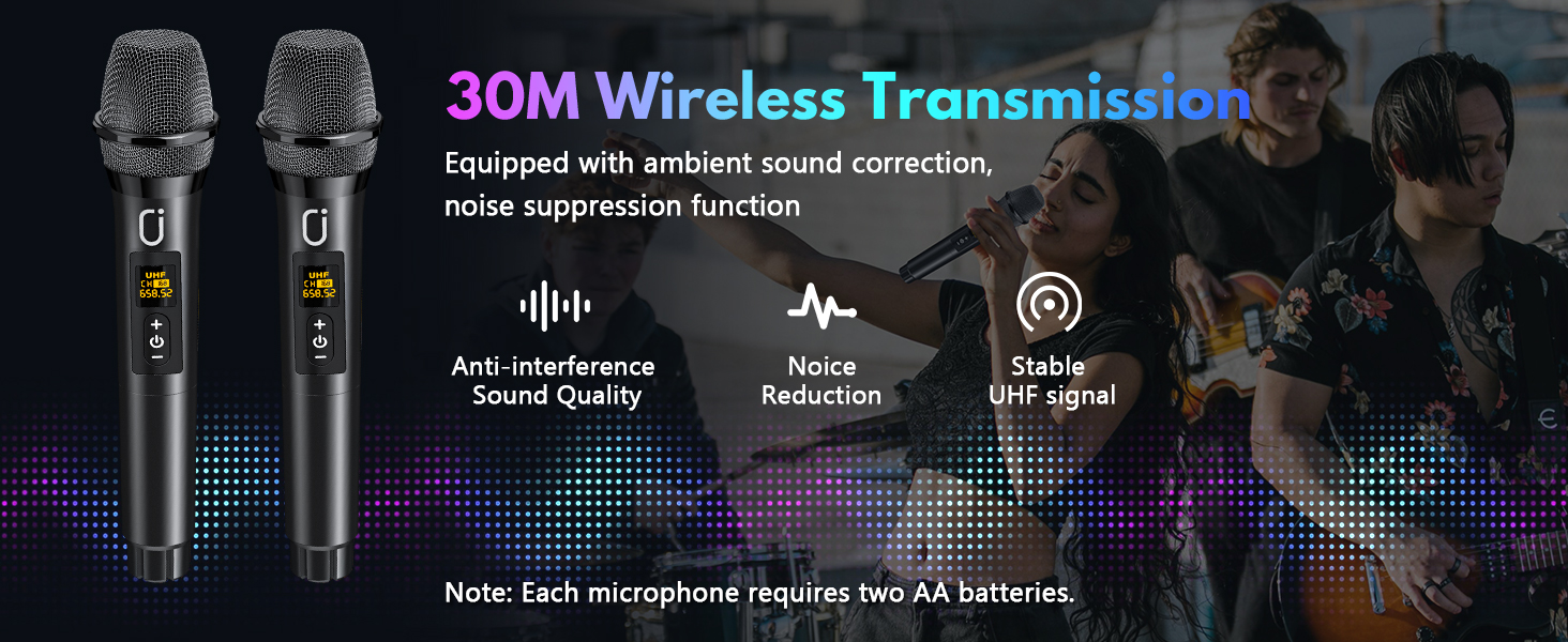 2 UHF wireless microphones can maintain stable signal even when moving.