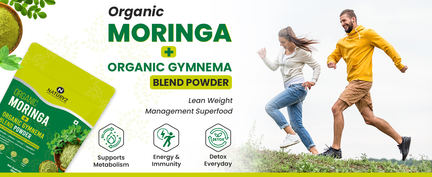 Naturyz Organic Moringa +Gymnema (Goodmar) Lean Wet Management for Powder | Blood sugar supports control, reduces crawings and increases metabolism. Energy | Detox | Immunity | USDA Organic Certified | Pesticides and Chemical - Mogi - 150 grams Organic Moringa with Gymnema (Gudmar)