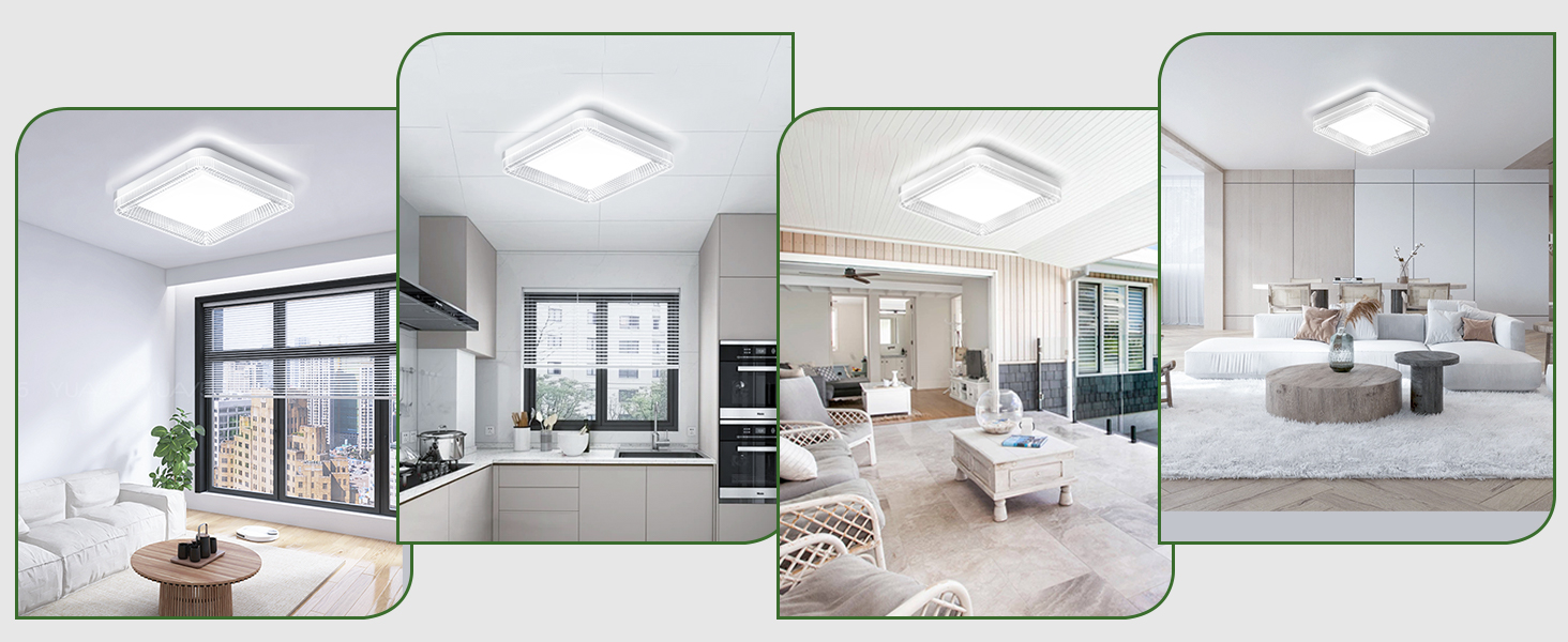 Four panel image showcasing square LED ceiling lights in various modern interior settings, including living rooms and a kitchen. The lights provide bright, even illumination in each space.