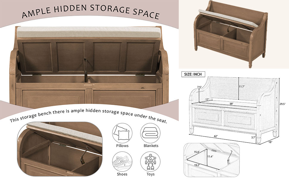 HOUAGI Rustic Storage Bench with Backrest and Hidden Storage,Entryway
