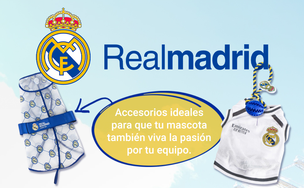 Real Madrid Dog Harness Size S Official Design Embroidered Shield and Secure Fit – Real Madrid Dog Harness – Resistant and Comfortable Accessory for Medium Dogs Total Control and Meringue Style Every 11 El texto dice «Realmadrid» con el escudo del Real Madrid. Ilustración en blanco y azul con motivos de copos de nieve y diseños de frascos de perfume.