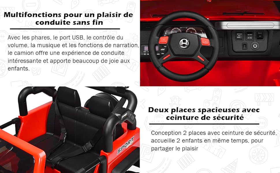 COSTWAY Voiture 4x4 Électrique 12V Pour Enfants 3+ Ans, Avec 2 Places, Télécommande 2.4G, Suspension à Ressorts, 3 Vitesses, Port USB Et Aux, Lumières LED, Musique Et Klaxon, 123 X 80 X 80 Cm (Rouge) 11 1