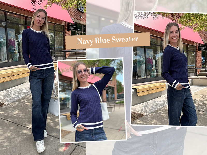 navy blue and white sweater