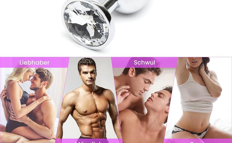 Analplug aus Metall mit großem klarem Kristall an der Unterseite. Reflektierende silberne Oberfläche. Text „Analtraining“ oben. Unten finden Sie 4 Panels, die Paare in intimen Posen zeigen