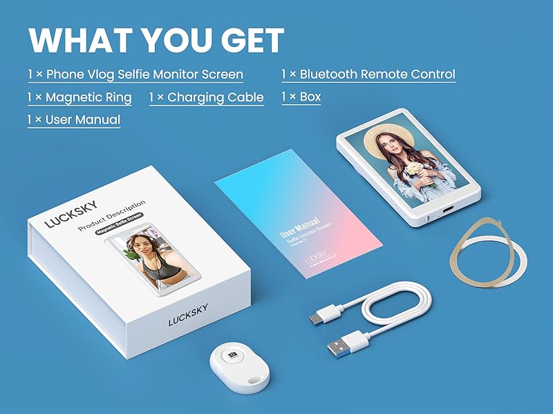 Vlog Selfie Monitor Screen iPhone, 4K 60fps Recording, Wireless Screen Mirroring with Remote Control, Magnetic Fixation, 180° Rotation, 3 Levels of Brightness, Compatible with iPhone & Android 14 Phone Vlog Selfie Monitor Screen