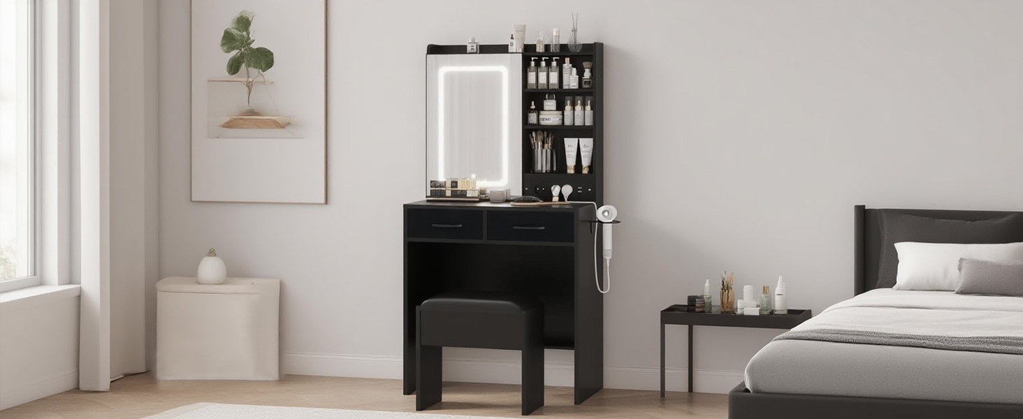 Vanity Desk with Mirror and Lights, Makeup Vanity Table Set with Charging Station and Stool