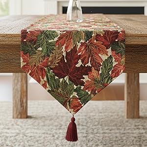 red, green, and orange autumn leaves fall foliage tapestry woven table runner