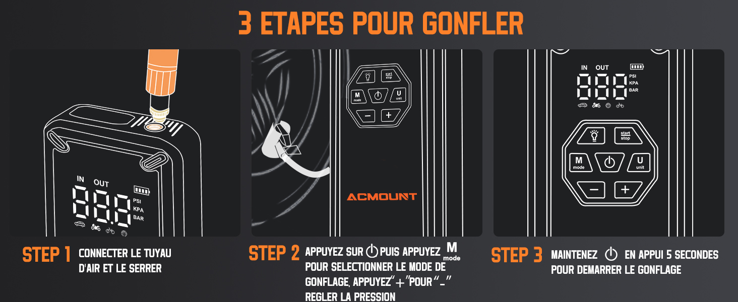 Schéma d'instructions en trois étapes avec texte français montrant le processus de configuration de l'appareil d'affichage numérique, avec des illustrations en noir et blanc avec des accents orange