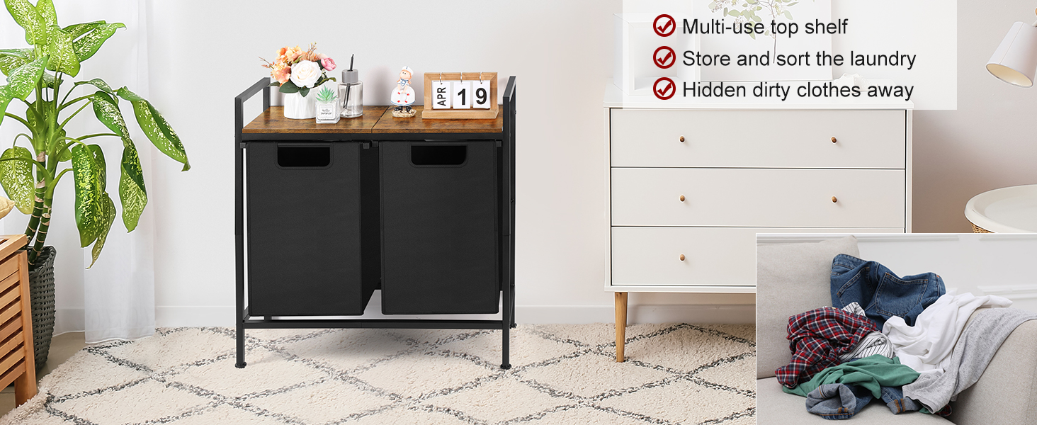 Laundry Basket 2 Section Laundry Hamper with Wooden Shelf, Wheels, and