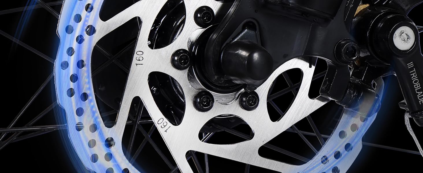 Close-up of the disc brake rotor and caliper on the electric bike