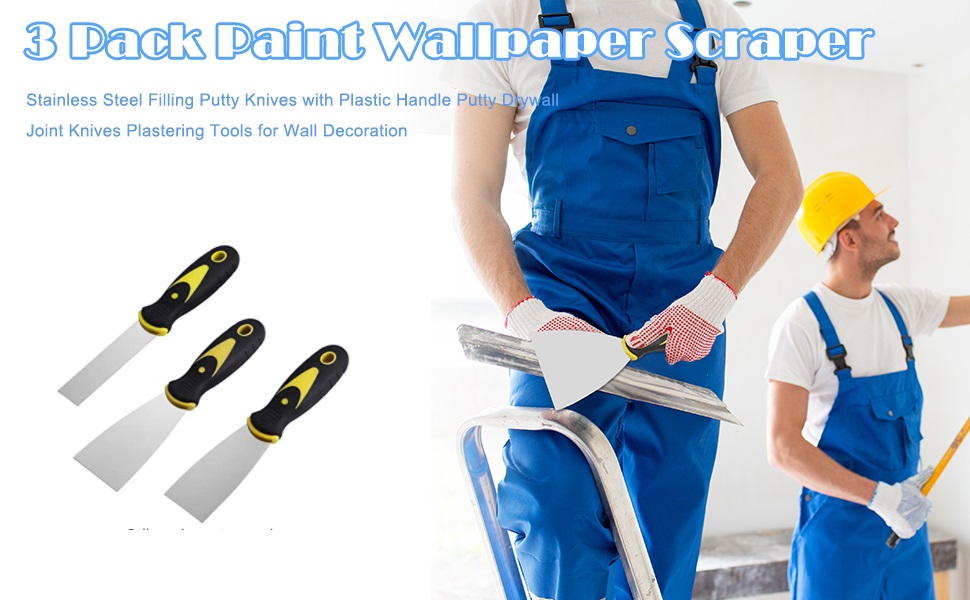 kuou 3 Pcs Wallpaper Scraper, Stainless Steel Paint Scraper Tool Plaster Scraper Set Wall Filler
