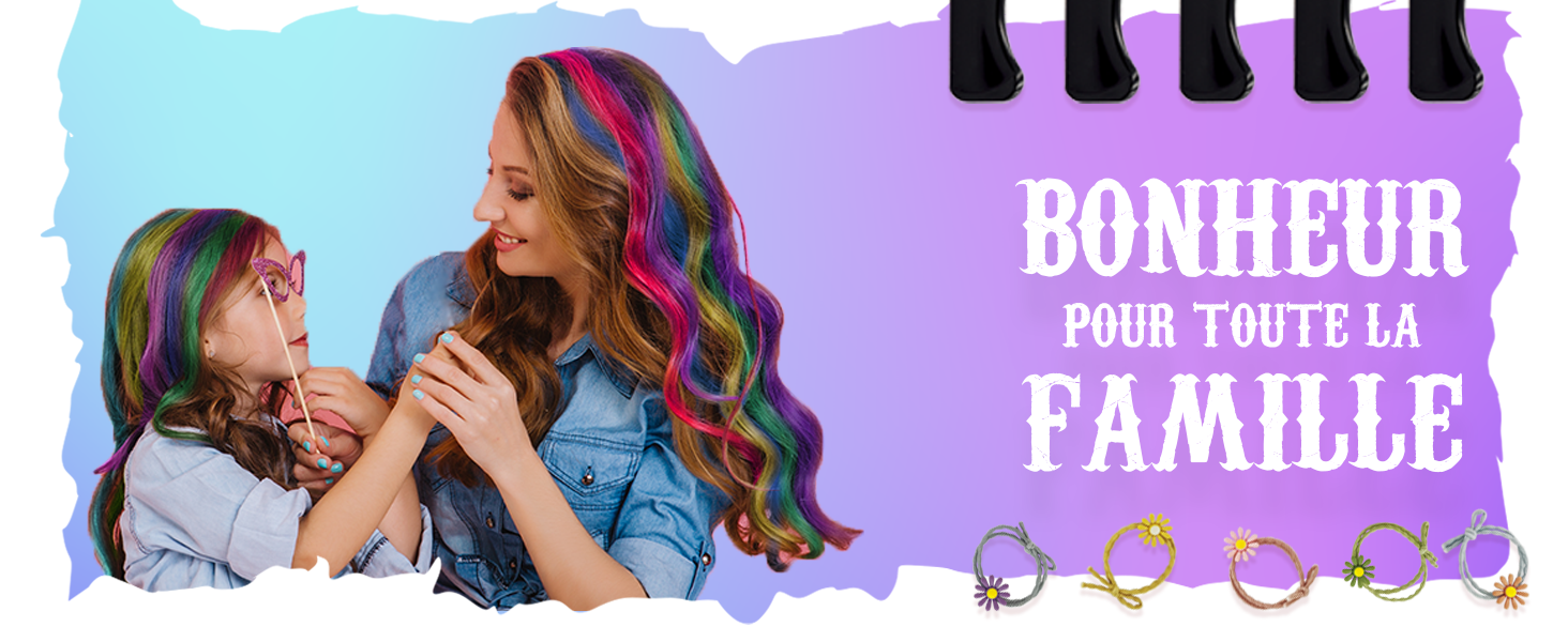 Publicité d'extensions de cheveux colorées montrant des cheveux multicolores éclatants sur des personnes, avec des anneaux et le texte « BONHEUR POUR TOUTE LA FAMILLE »