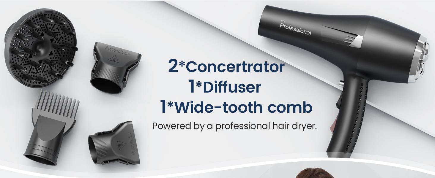 Text reads '2*Concentrator' and '1*Diffuser'. Black hair styling attachments and accessories shown individually against white background.