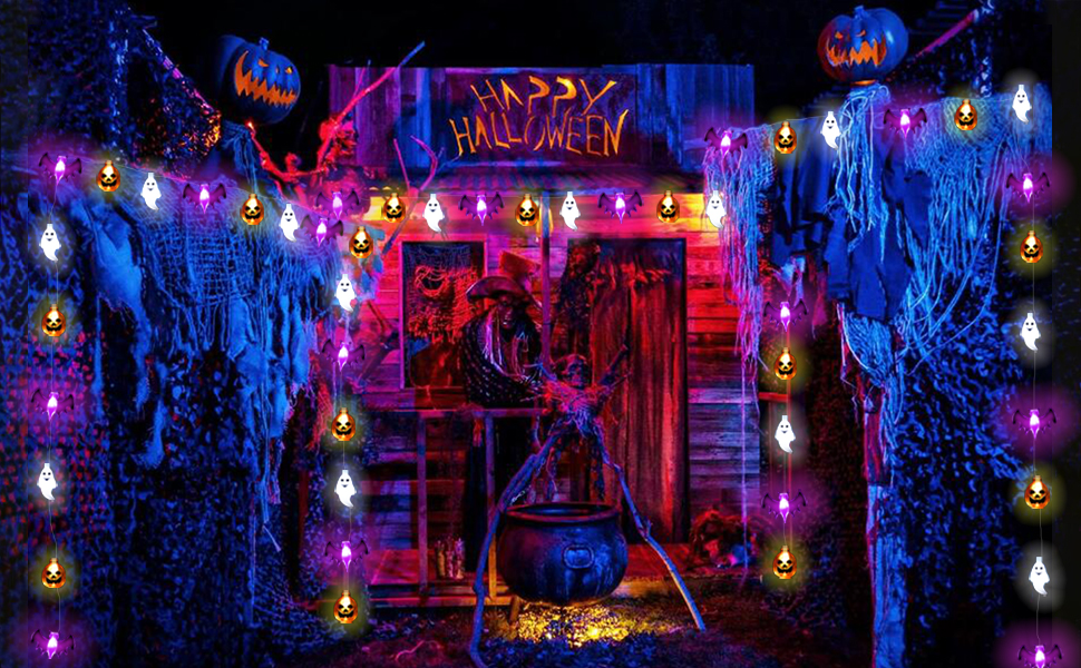 Halloween Lights, 16FT 30 LED 3D Pumpkin Bat Ghost Battery Operated