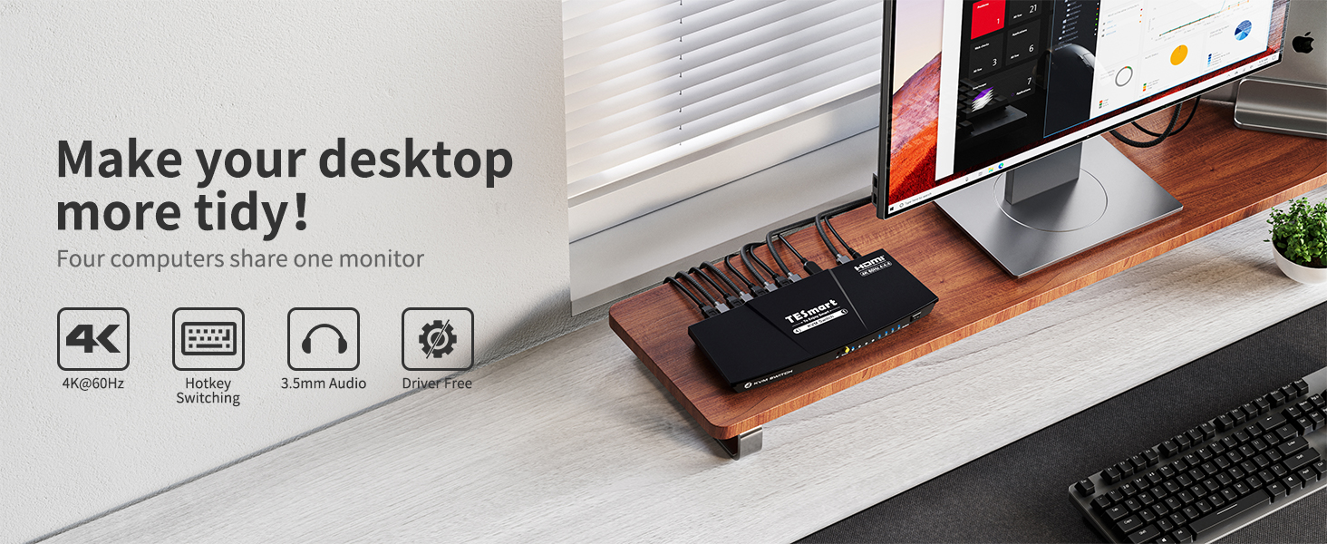 TESmart 4 Port HDMI KVM Switch, Support UHD 4K 60Hz, Hotkey, Button Switching, Audio, EDID, USB