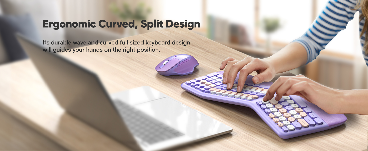 KNOWSQT Ergonomic Wireless Keyboard and Mouse Combo Lavender 2.4G Split Colorful