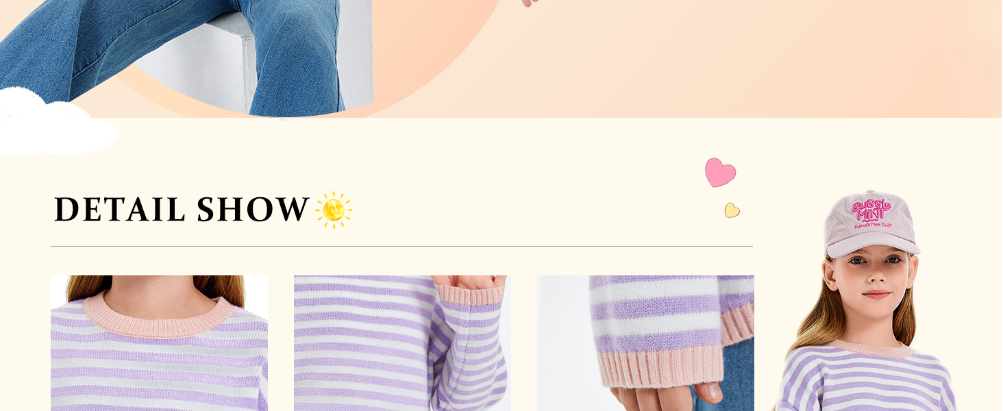 Girls Sweater Casual Long Sleeve Crewneck Striped Color Block Knit Pullover Tops