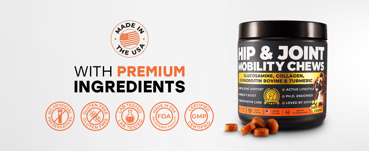 hip and joint mobility supplement for dogs Glucosamine, , Collagen, Chondroitin Bovine, Turmeric