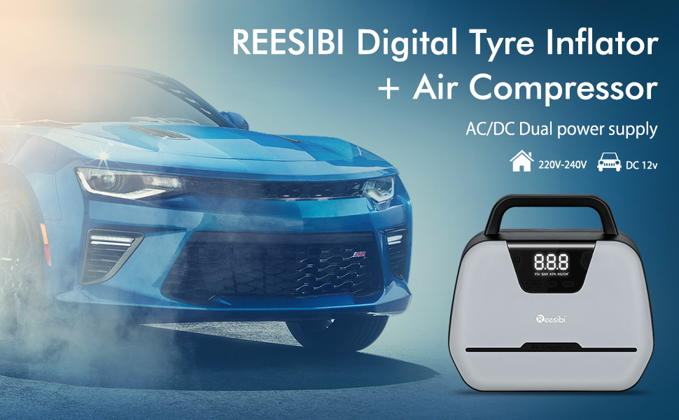 REESIBI Digital Tyre Inflator Air Compressor 240V Mains and 12V Car AC