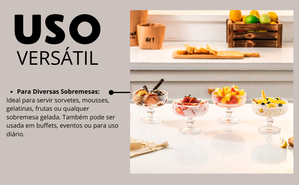 Taças com doces em uma cozinha