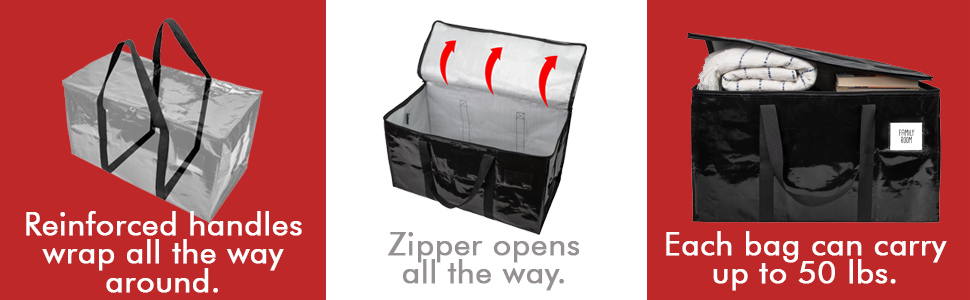 bag features: reinforced handles. zipper opens all the way. can carry up to 50 pounds.