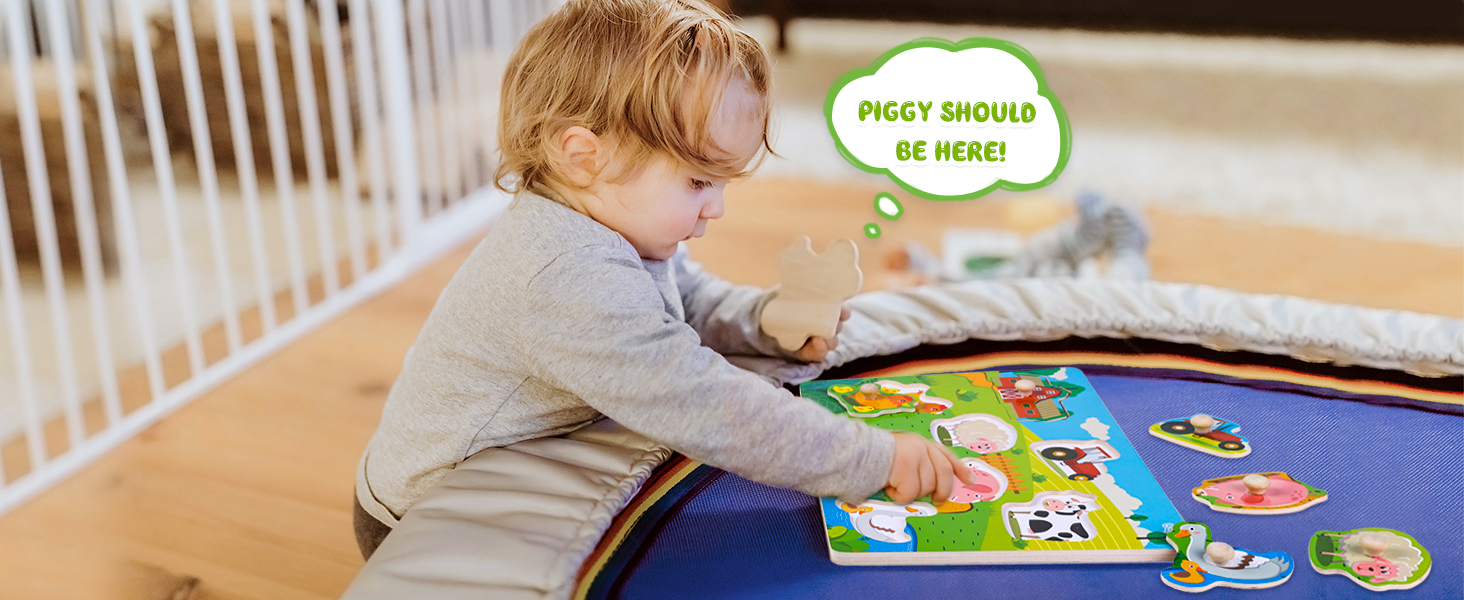Japace Wooden Puzzles for 1 Year Old, Farm Animals Peg Puzzles, Fine Motor Skills Montessori