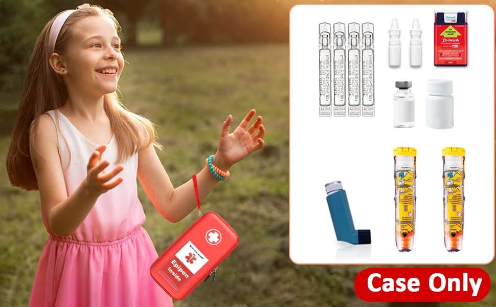 Showcase what the case can hold.EpiPens, asthma inhaler, antihistamines, Auvi-Q, diabetic supplies