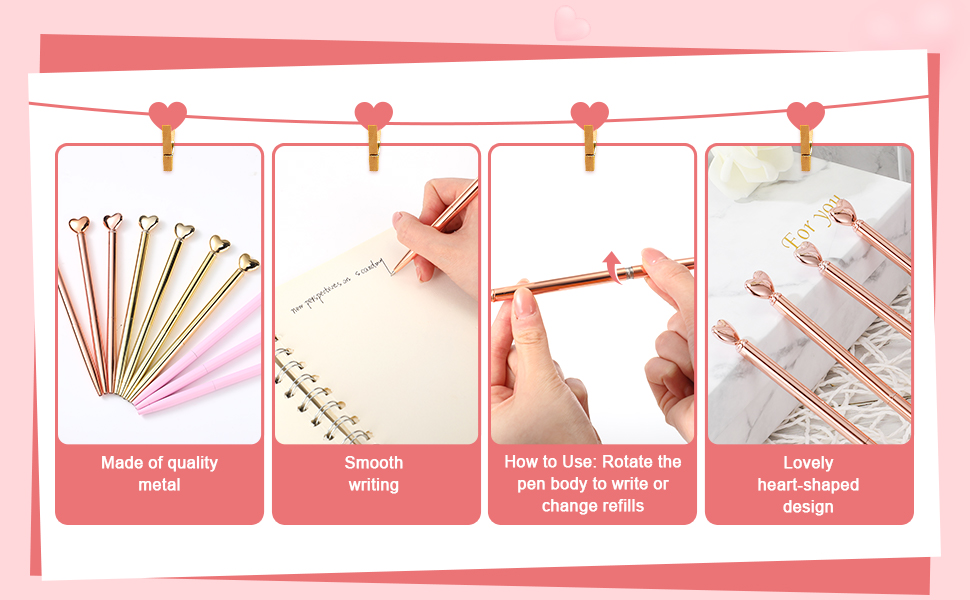 24 Pcs Heart Shaped Pens Retractable Metal Cute
