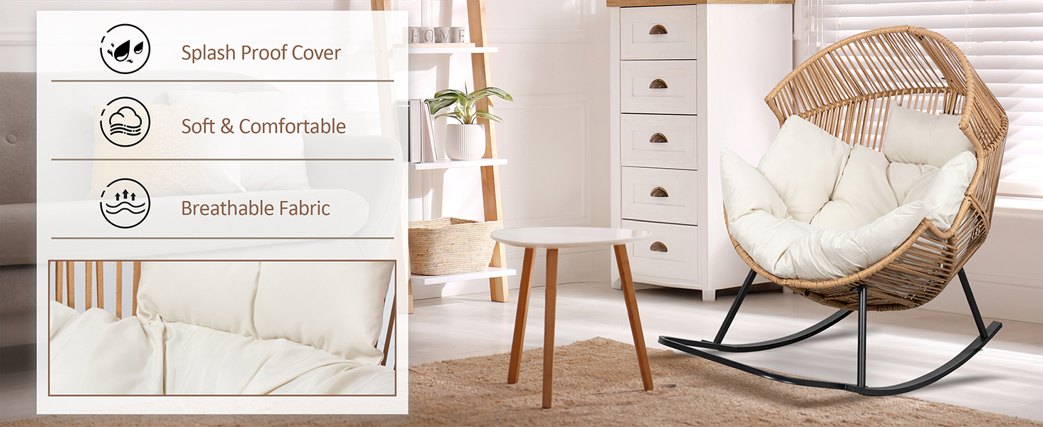 JAMFLY Egg Chair Outdoor Rocking Chairs, Wicker Patio Chair Oversized Lounger Chair with Cushion for Indoor Living Room Bedroom Outside Patio Backyard Balcony, Beige 12 Egg Basket Chair