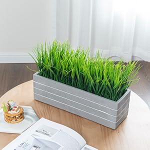 faux grass plant potted in cement planter