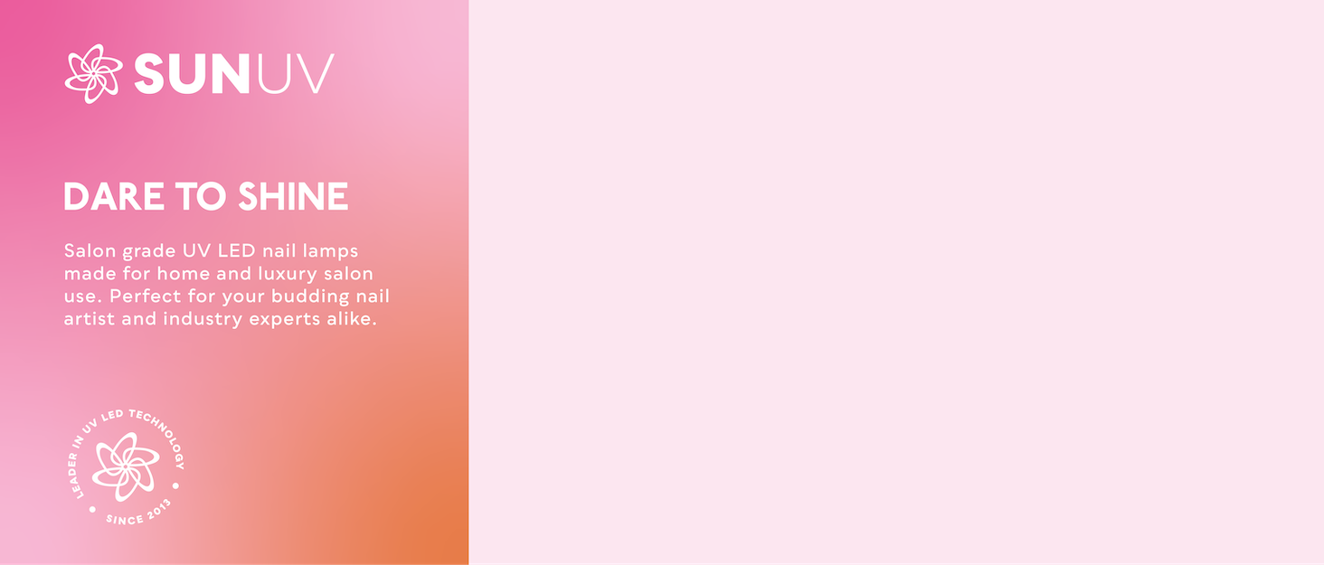 Pink gradient background with 'SUN UV' and 'DARE TO SHINE' text. Partial flower icon visible in bottom left corner.