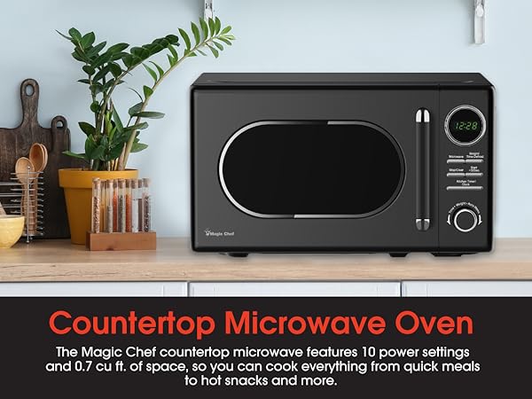 A kitchen microwave oven. Text reads: Countertop microwave oven. 