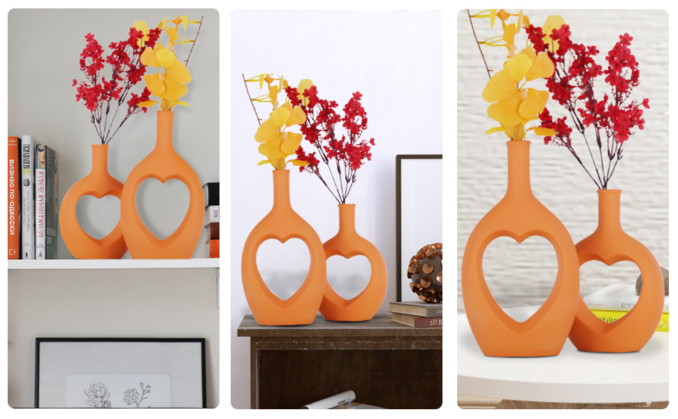 Ceramic Vase Set of 2, Orange Heart Shaped Vases for Decor