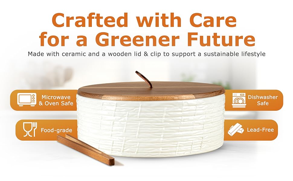 Ceramic Tortilla Warmer with Wooden Lid Tortilla Holder with lid, Insulated Bread Warmer