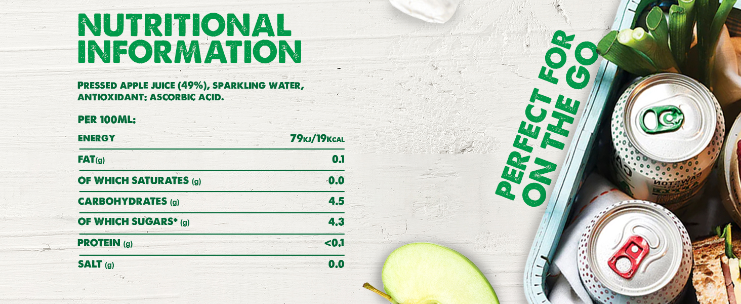 Text reads 'NUTRITIONAL INFORMATION' with a detailed nutrition facts table. Image shows canned beverages with lime garnish.