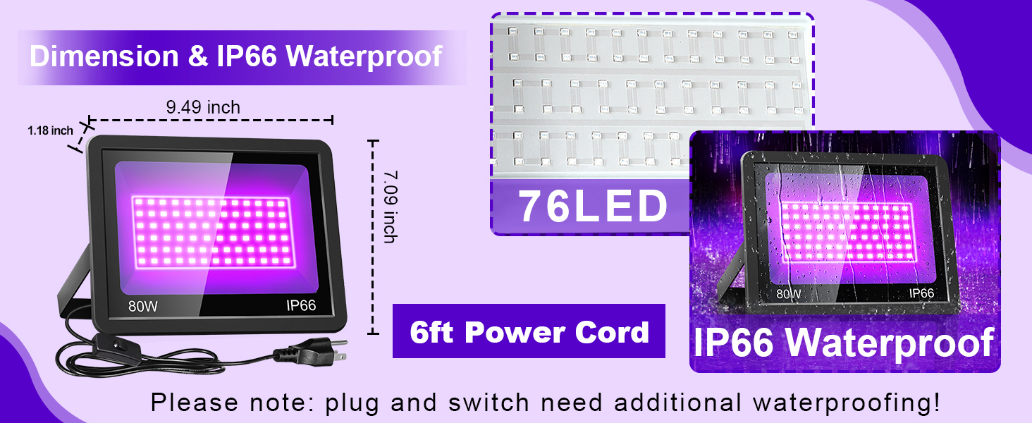 80W Black Light Flood Light, IP66 Outdoor Blacklight Floodlight with
