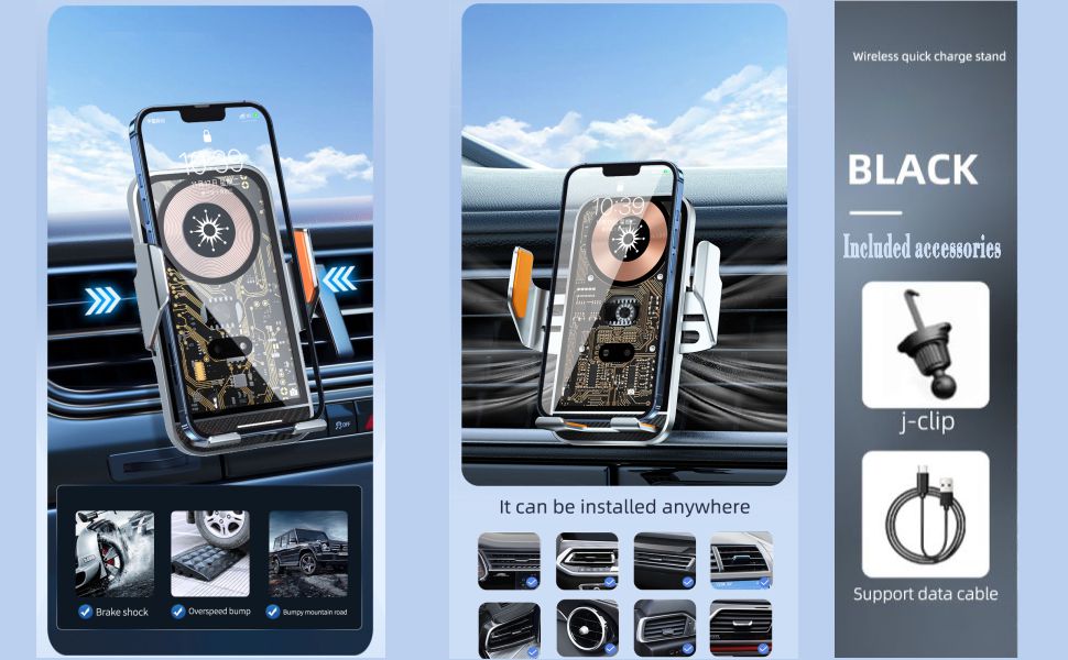 Car phone mount with wireless charging, showcasing installation versatility. Multiple views of the device in various car locations. Includes J-clip and charging cable accessories.
