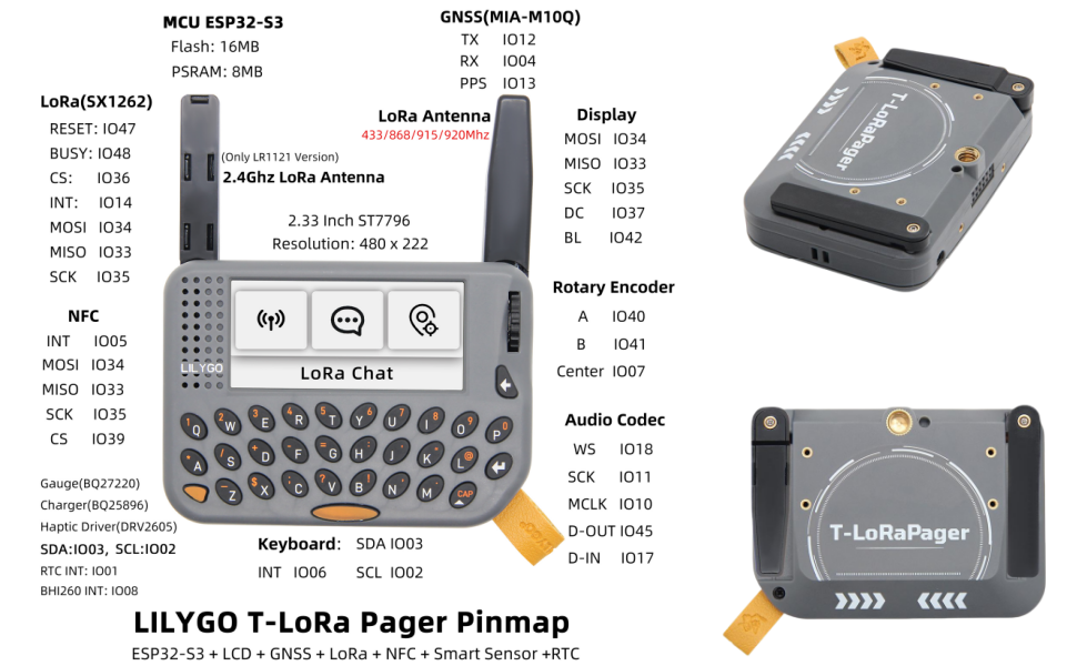 Detailed pinmap diagram for LILYGO T-Lora Pager showing ESP32-S3, LCD, GNSS, LoRa, NFC, Smart Sensor, and RTC connections.