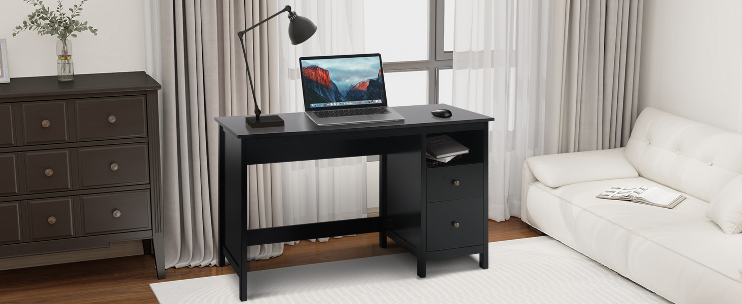 LQFATEST Black Desk with Drawers, Modern Home Office Desk