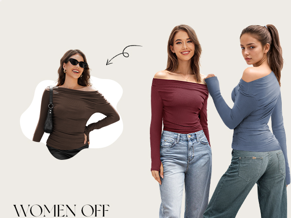 TARSE Womens Long Sleeve Off The Shoulder Tops Slim Fit Sexy