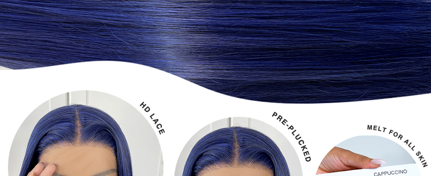 MITIMES Blue Straight HD Lace Front Wig Pre-Plucked Glueless Synthetic Dark Blue Lace Front Wig 