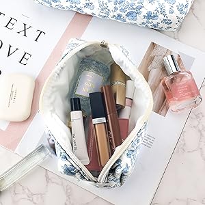 blue quilted makeup bag