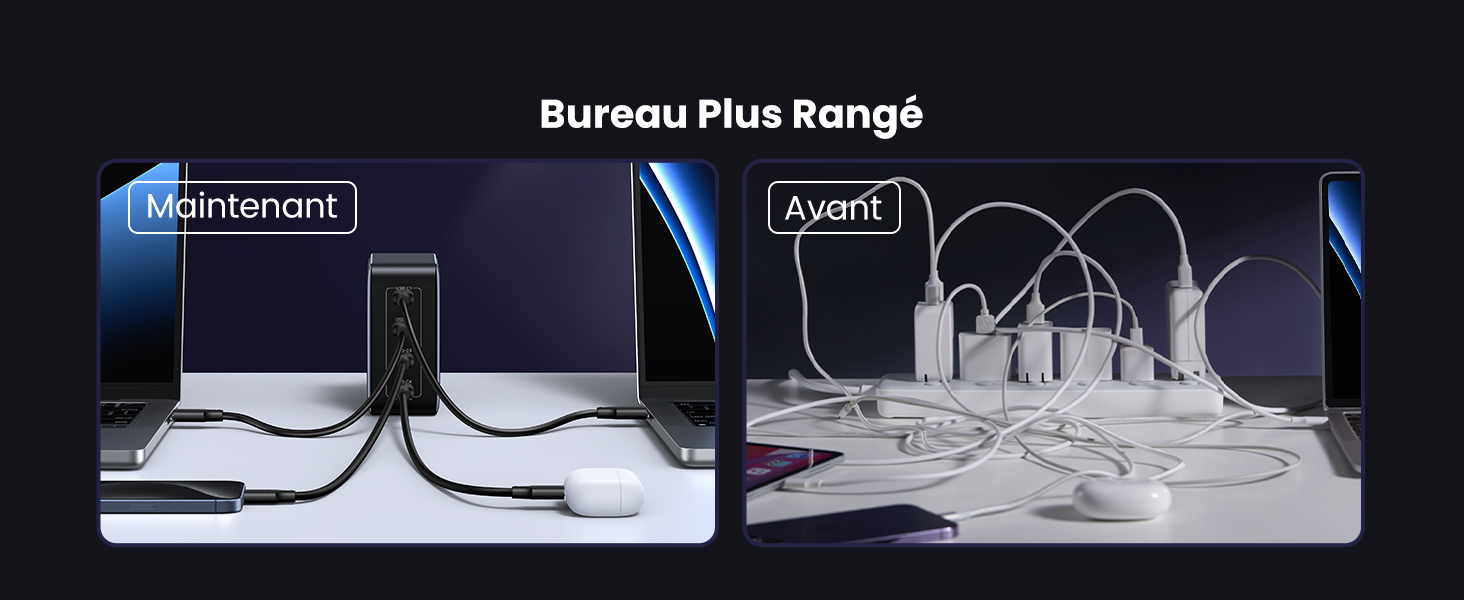 Deux configurations de bureau présentant divers accessoires et câbles informatiques, étiquetées « Gamme Bureau Plus