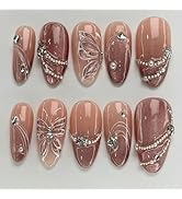Almond Press on Nails Medium Fake Nails with Designs Pearl Rhinestone Stick on Nails Butterfly Fa...