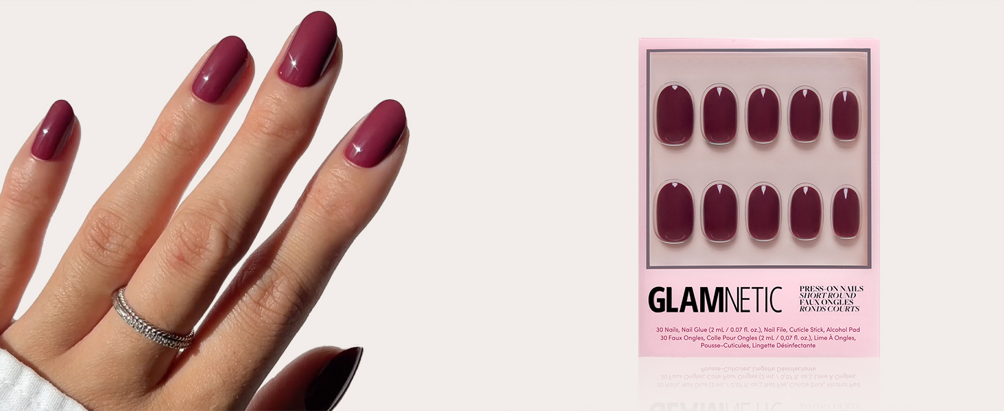 Glamnetic Berry Maroon Opaque Dark Red Maroon Short Round False Nails, Reusable Stick On Fake Nails