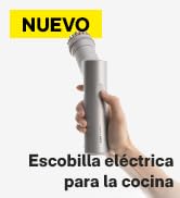 con mango largo plateado en la mano. La etiqueta amarilla «NUEVO» (Nuevo) es visible. El texto indica que es para uso en la cocina.