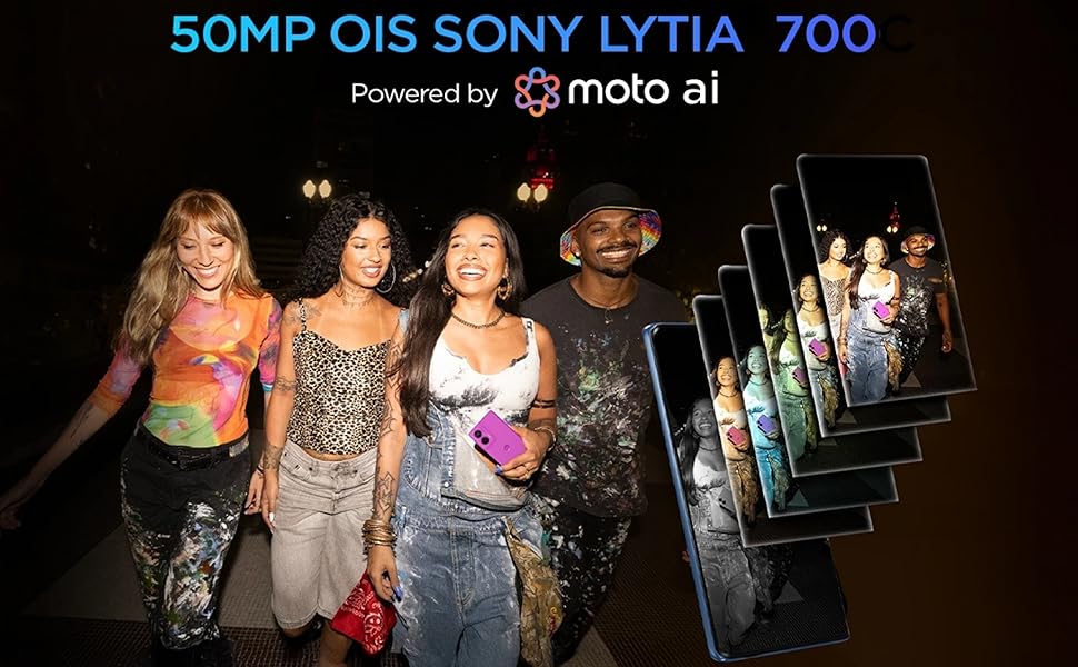 Group photo at night showing Motorola phone’s 50MP OIS Sony Lytia camera with moto ai