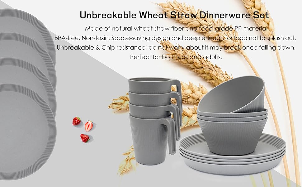 Wheat Straw Dinnerware Sets, 12Piece Lightweight Plastic Dinnerware Set with 9.5